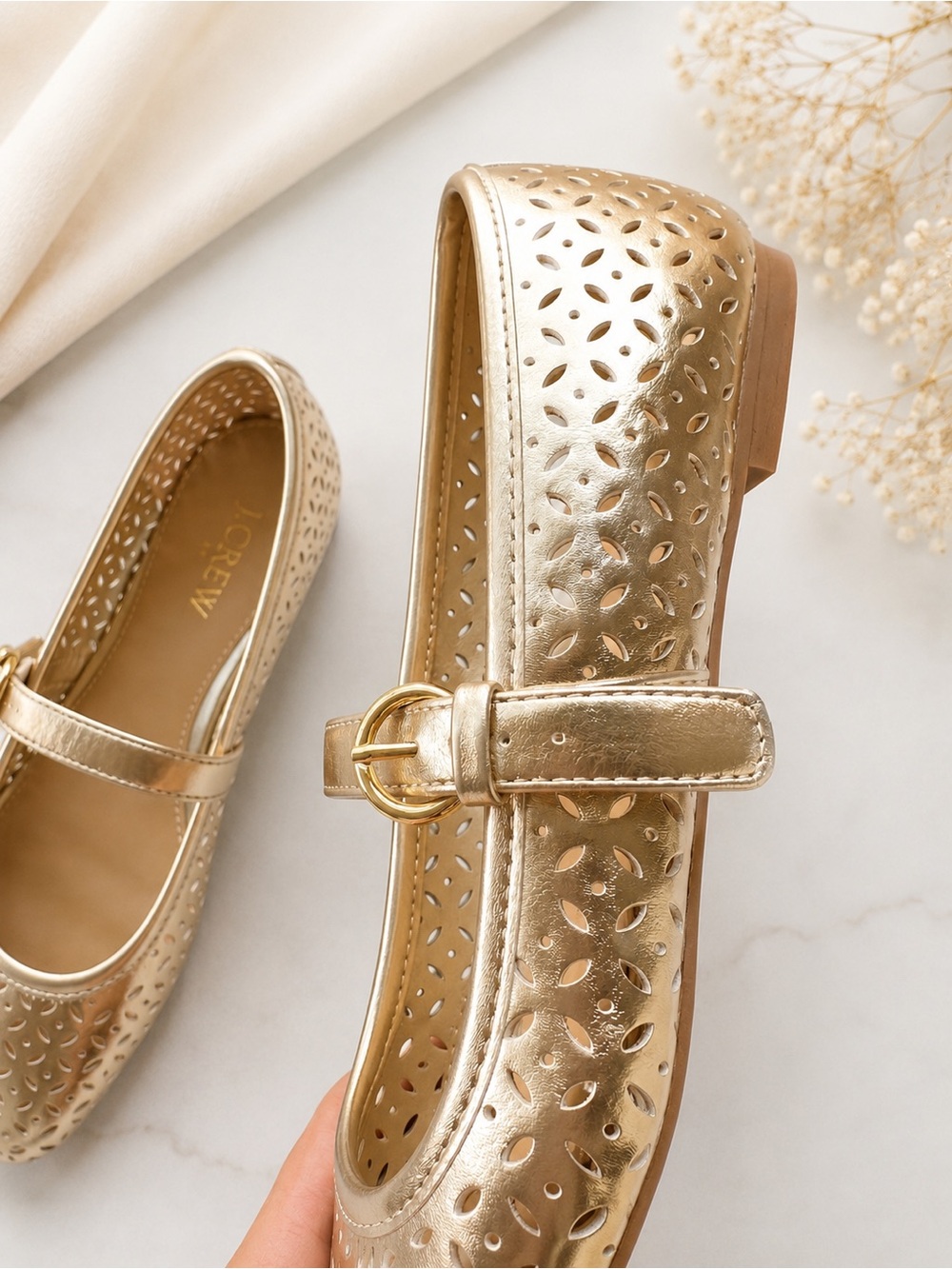 J. Crew Metallic Gold Mary Jane Flats with Perforated Floral Cutouts - Picture 3 of 4